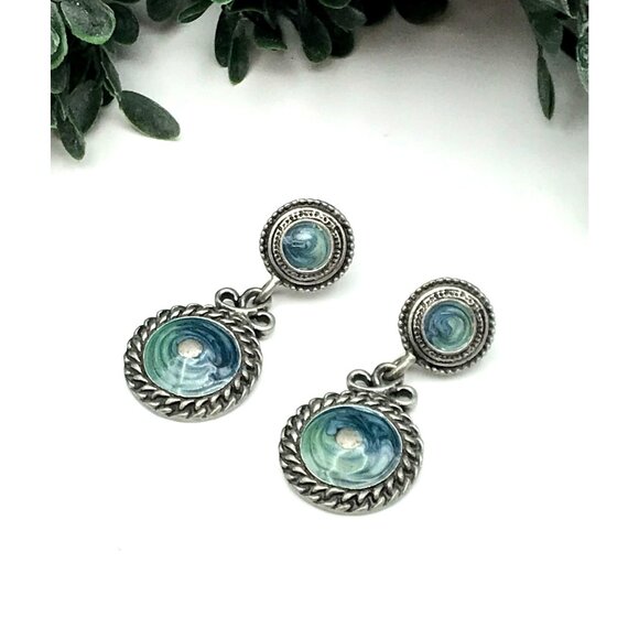 Vintage-Inspired Silver Drop Earrings With Blue Enamel Swirl Accents - Picture 5 of 7